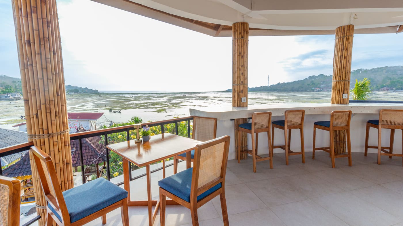 Oceanfront restaurant and pool bar at Segara Seaside Resort, near Nusa Lembongan